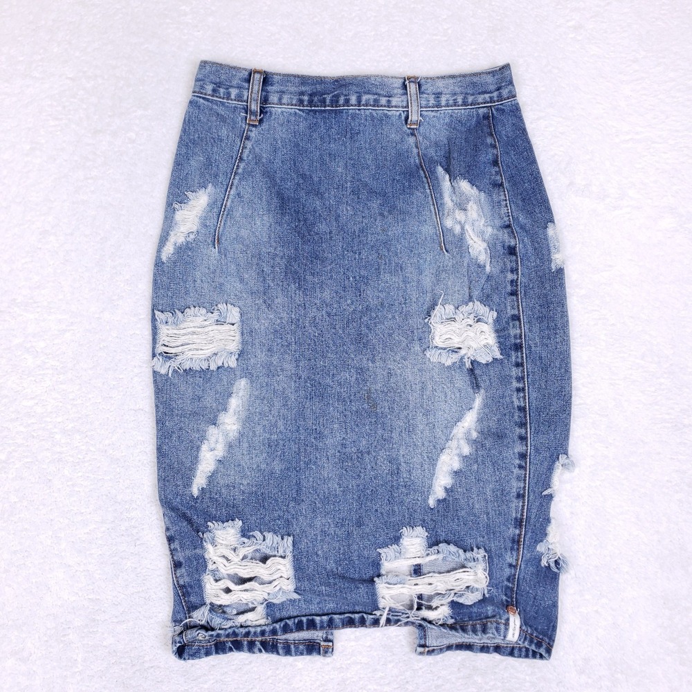 One‎ Teaspoon Freelove Skirt 27 Distressed Denim Midi Blue Shredded Grunge